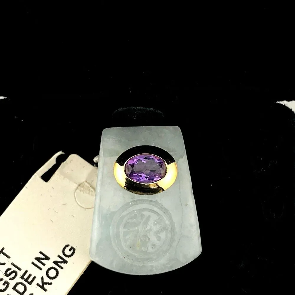 Hong Kong Jade Pendant 14k Gold w/ Amethyst NEW w/ Tag in Original Gift Box